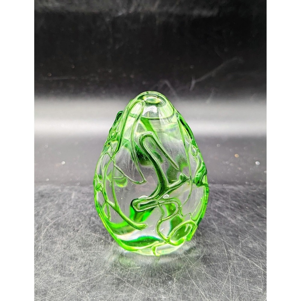 Paperweight Glass Egg Shape Green Waves Small Bubbles 3.5" Polished Bottom